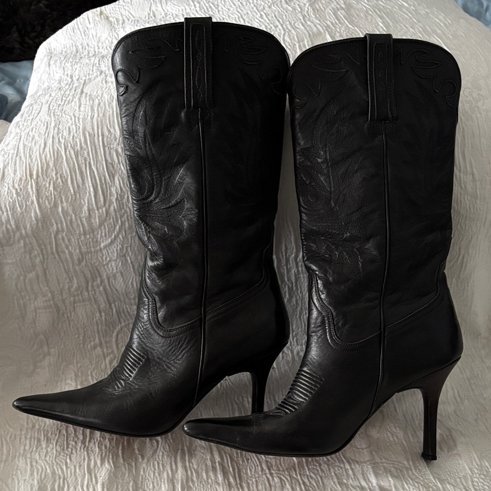 Classic Black Leather Heeled Cowboy Boots